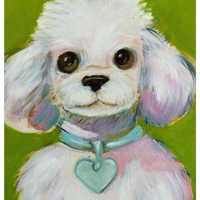 White Poodle Original Oil Painting, Signed, Chartreuse Green, Teak Wood ...
