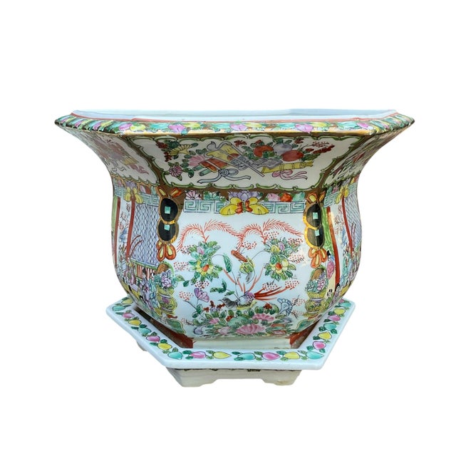 Mid 20th Century Chinese Rose Famille Vintage Cache Pot Jardinière Planter With Saucer For Sale - Image 5 of 17