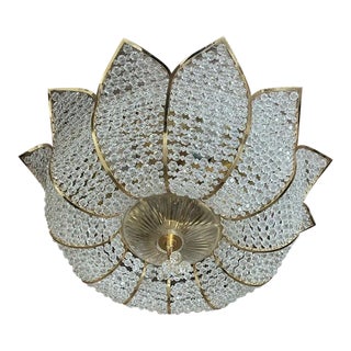 Exceptional Signed Palwa Austrian Lotus Flush Mount - 24k Gold Plated Frame & Hand Beaded Crystal For Sale