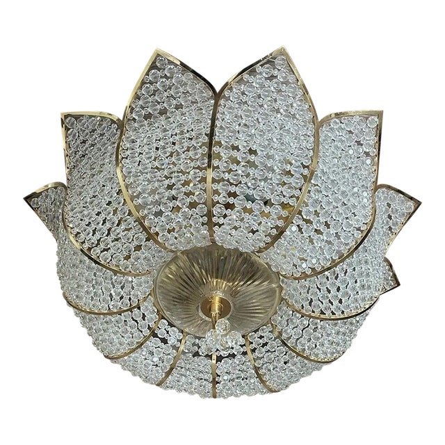 Exceptional Signed Palwa Austrian Lotus Flush Mount - 24k Gold Plated Frame & Hand Beaded Crystal For Sale