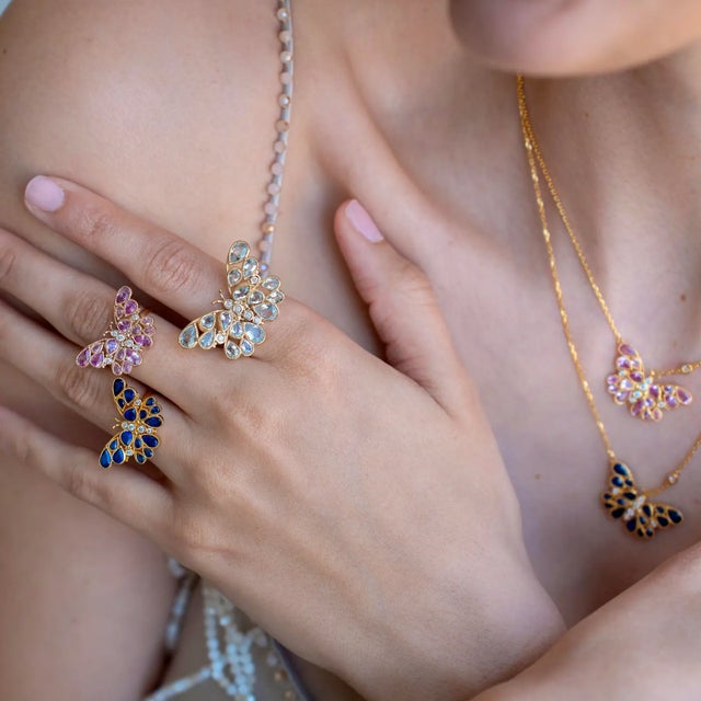 Pink Nina Zhou Butterfly Pink Sapphire Diamond Cocktail Ring in 14k Yellow Gold, size 5 For Sale - Image 8 of 11