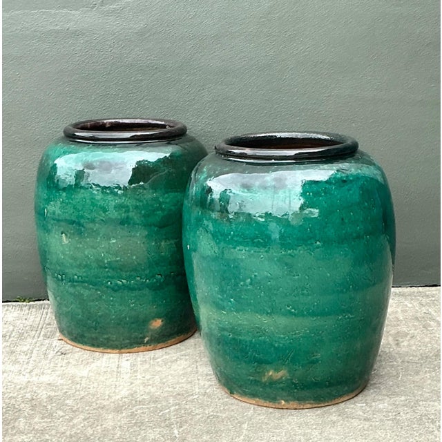 Bottle Green Vintage Green Glazed Earthenware Vessels - A Pair For Sale - Image 8 of 18