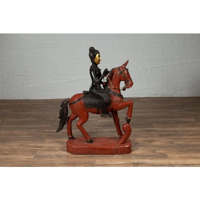 Vintage Burmese Polychrome Carved Wooden Statue of a Warrior on his Horse For Sale - Image 9 of 13