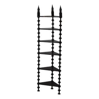 Antique Ebonized Tiered Spool Corner Shelf With Exaggerated Finials, Circa Late 19th Century For Sale