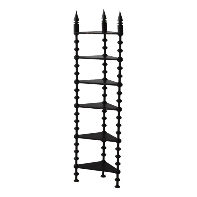 Antique Ebonized Tiered Spool Corner Shelf With Exaggerated Finials, Circa Late 19th Century For Sale