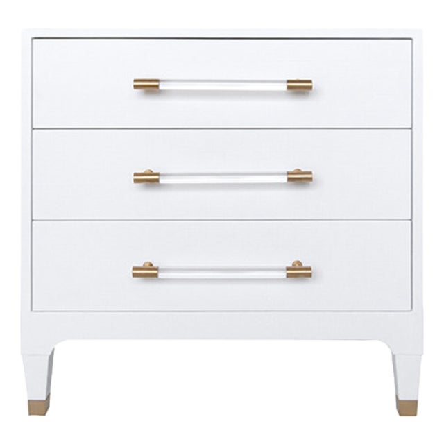 Matthew Izzo Home Amber White Textured Linen Three Drawer Side Table With Acrylic and Antique Brass Drawer Pulls and Ferrules For Sale