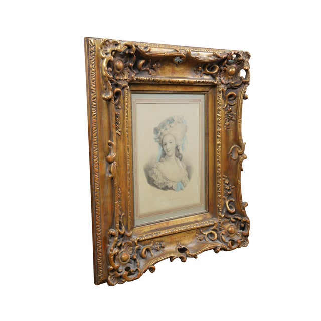 Antique lithograph portrait print of Madame la Princesse de Lambelle. Black and white with hand colored details in blue....