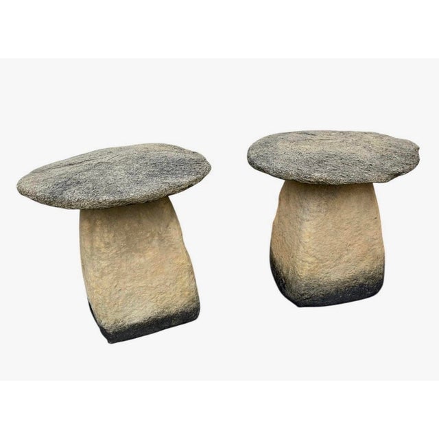 This striking pair of vintage cast stone garden ornaments is sculpted in the organic form of oversized mushrooms, bringing...