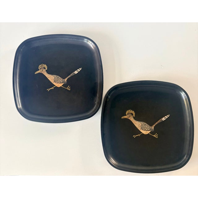 Mid-20th Century Modern Couroc of Monterey Black, Gold, and Bronze Roadrunner Square Trays - A Pair For Sale - Image 11 of 11