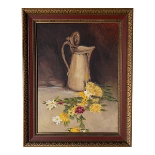Vintage Floral & Pitcher Still Life Oil Painting on Masonite - Framed For Sale