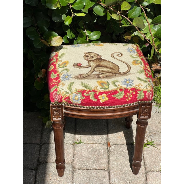 Rustic European Vintage Louis XVI Style Stool With Needlepoint Monkey For Sale - Image 3 of 9