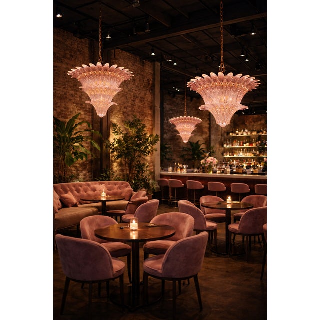 Glass Lot of 2 Mid-Century Modern Pink “Palmette” Murano Glass Chandeliers a Pair For Sale - Image 7 of 7