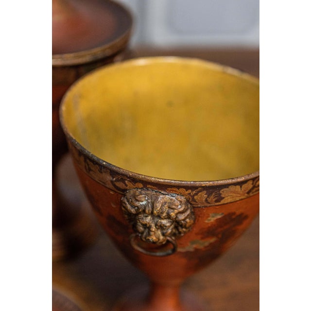 Pair of Italian 19th Century Napoleon III Lacquered Tin Lidded Vases with Scenes For Sale - Image 9 of 11