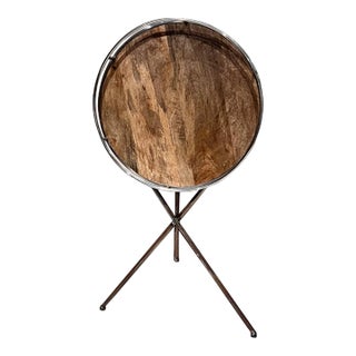 Vintage French Tripod Tray Table, Metal & Wood, Mid-Century 1970s For Sale