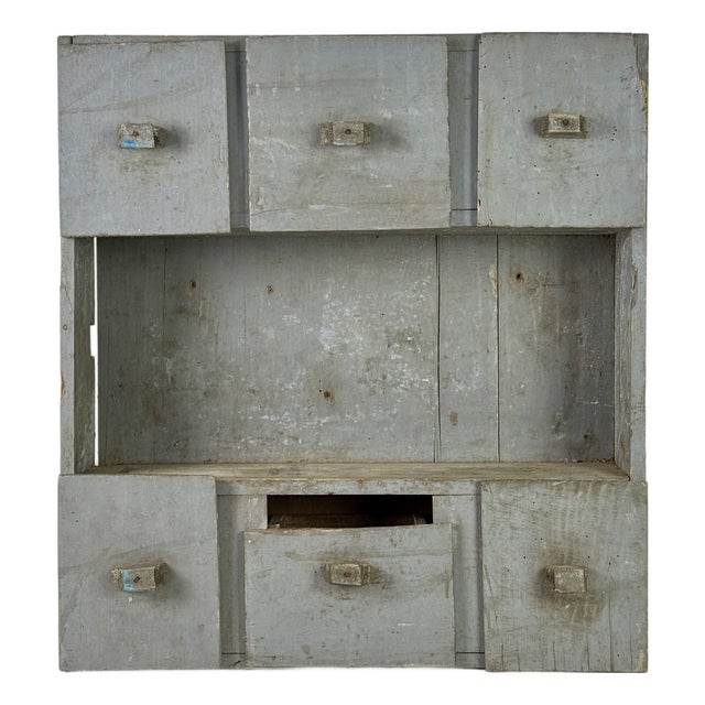 Vintage Primitive Home Constructed Wooden Multi Drawer Display Apothecary Painted Cabinet For Sale