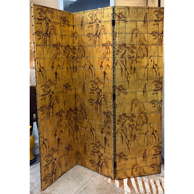 Mid Century Large Wood Asian Screen in a Black Ground Floral - Reverse Is a Gold Landscape Design For Sale - Image 12 of 13