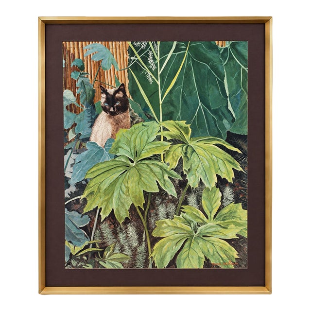 Gene Pelham Siamese Cat in the Garden Vintage Framed Art Print 37”x31” Hollywood Regency Botanical For Sale