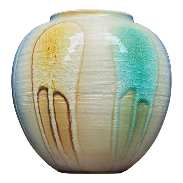 Vintage Japanese Ceramic Vase With Multicolor Crackle Glaze Drip Detail, Signed For Sale
