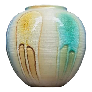 Vintage Japanese Ceramic Vase With Multicolor Crackle Glaze Drip Detail, Signed