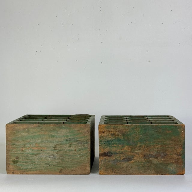 Wood Vintage Pair of Salvaged Workshop Slotted Wood Shelving Units in Green Paint & Brass Labels For Sale - Image 7 of 8