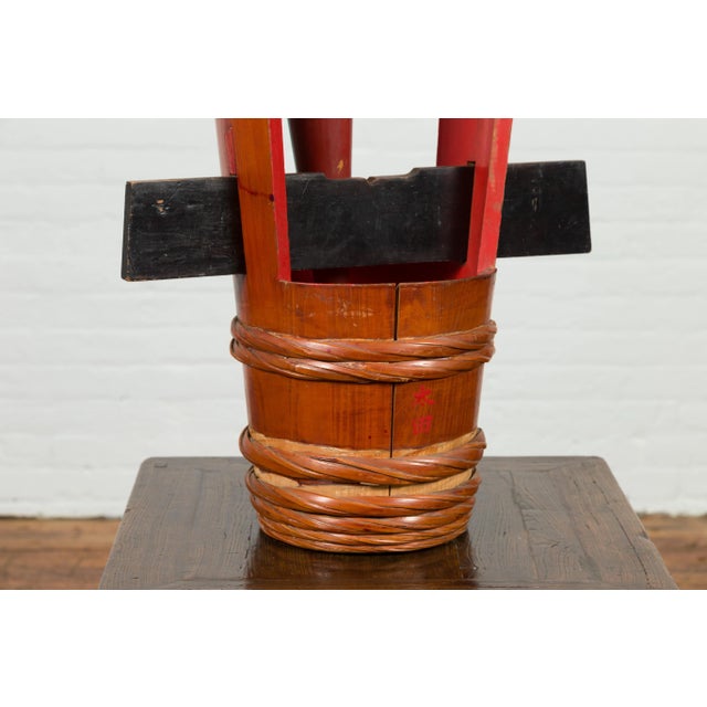 Japanese Japanese Vintage Grain Storage Jug with Red Lacquer and Calligraphy Decor For Sale - Image 3 of 13