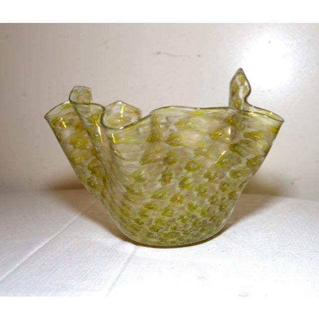 Vintage Hand Blown Murano Glass Handkerchief Controlled Bubble Green Vase Bowl For Sale - Image 9 of 11