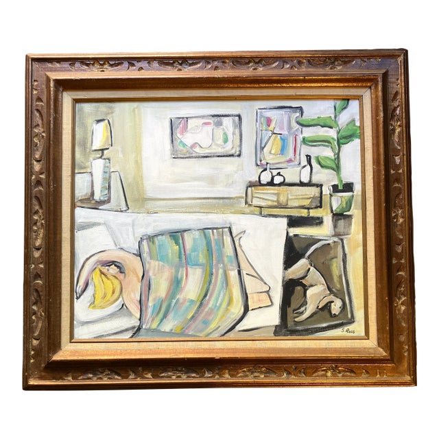 Contemporary Original Stewart Ross Modernist Interior With Female Nude & Dog Vintage Frame For Sale