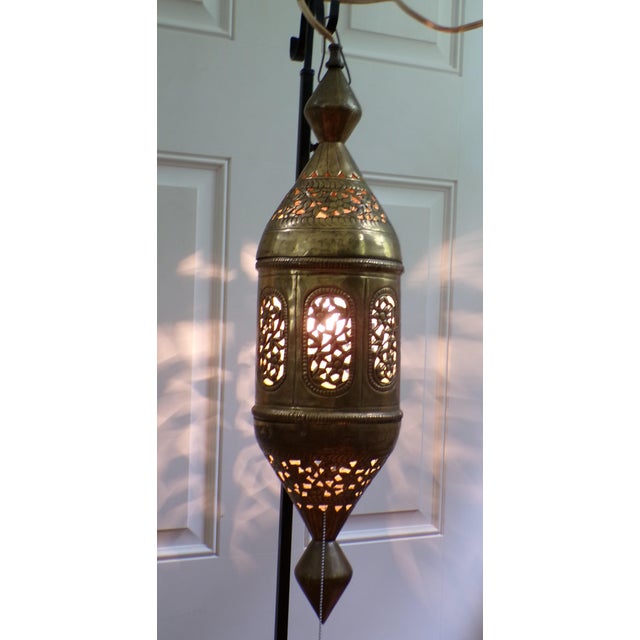 Metal Vintage Moroccan Moorish Style Brass Pendant Lamp Lantern Pierced Hanging Light Fixture For Sale - Image 7 of 12
