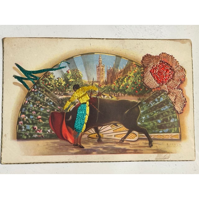 Paper Antique Spanish Embroidered Postcards Framed - Set of 3 For Sale - Image 7 of 8