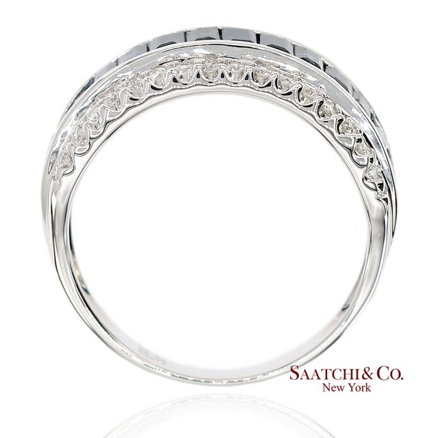 Metal 18k 750 Solid White Gold Natural Diamond and Natural Sapphire Band Ring, Size 7 For Sale - Image 7 of 11
