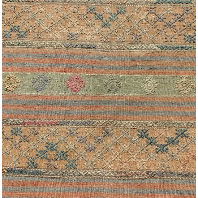 Orange Vintage Turkish Kilim Runner With Geometric Shapes and Colorful Stripes For Sale - Image 8 of 11