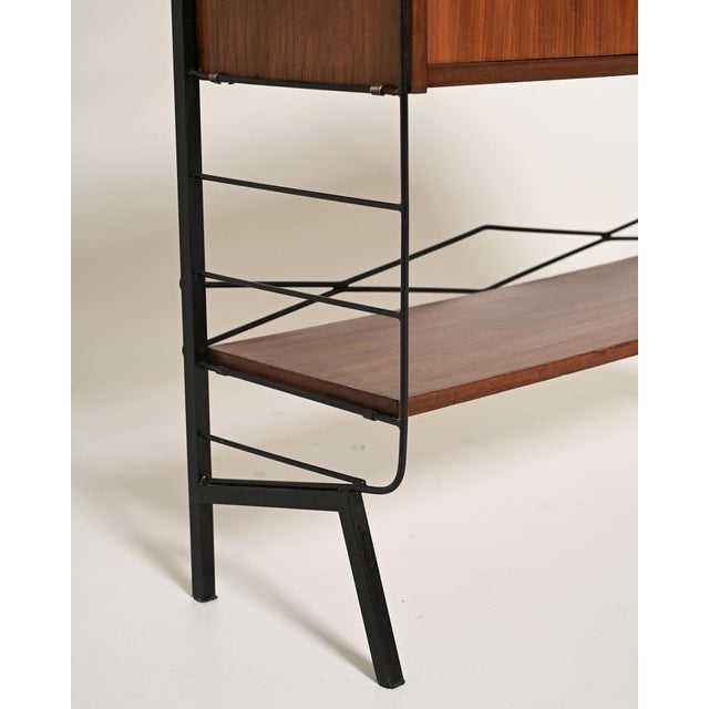 Metal Bookcase with Teak Storage Compartment, 1950s For Sale - Image 9 of 11