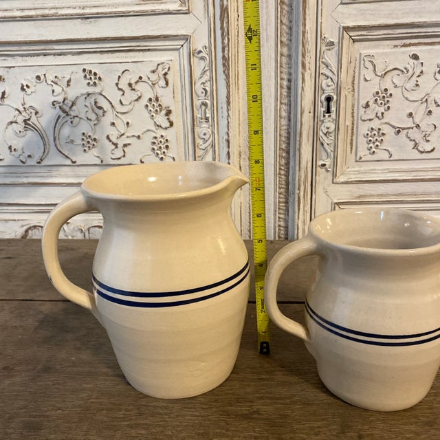 Vintage Signed Marshall Pottery Stoneware Pitchers With Double Cobalt Stripes-Set of 2 For Sale - Image 12 of 12