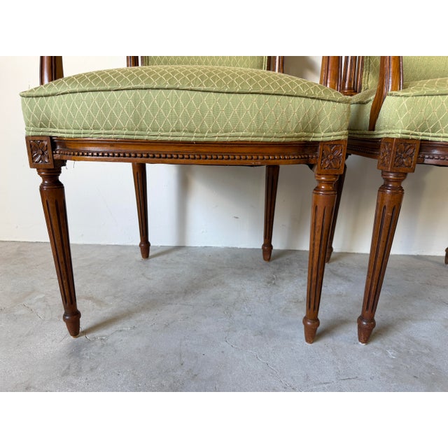 Vintage French Louis XVI Style Carved Walnut Armchairs With Green Upholstery – A Pair For Sale - Image 10 of 12