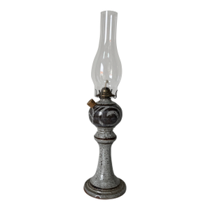 1980’s Vintage Handmade Studio Pottery Kerosene Lamp With Hurricane Glass Chimney – Signed Base – Speckled Earth Tone Glaze