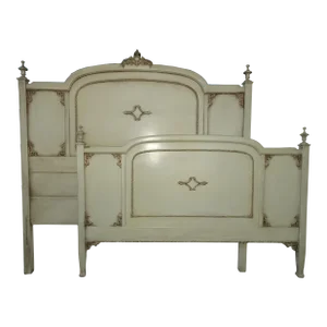 Vintage French Country Off White Full Bed Frame Headboard & Footboard