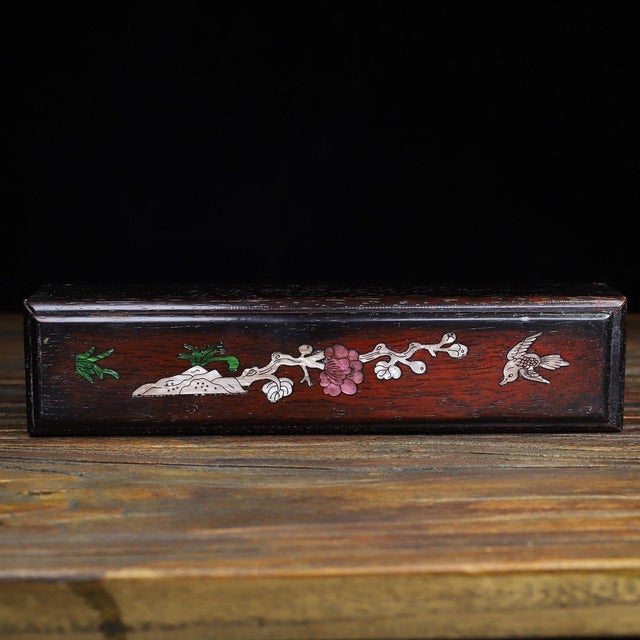 Vintage Chinese Rosewood Slide Box With Mother of Pearl Inlay, Plum Blossom & Bird Motif For Sale - Image 4 of 9