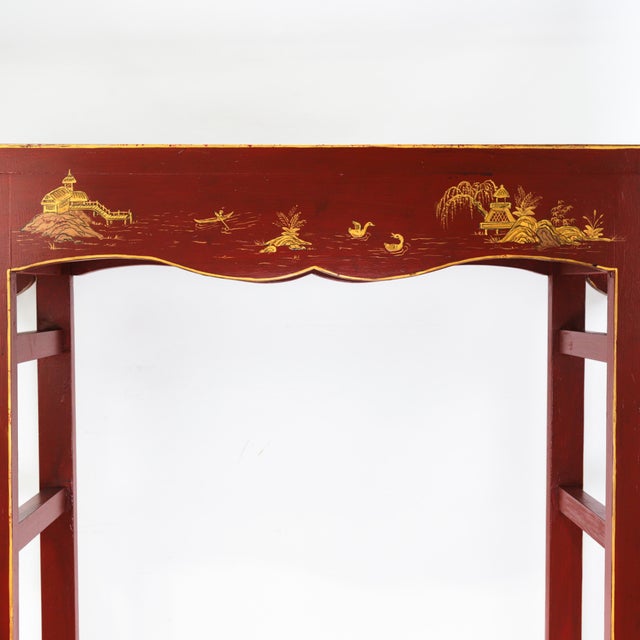 Vintage Chinese Red Lacquer Console Table With Gilt Landscape Scenery and Scroll Ends For Sale - Image 14 of 18