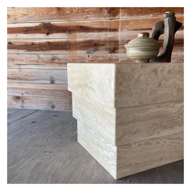 Mid Century Italian Modern Travertine Petite Side Table or Low Pedestal For Sale - Image 4 of 11