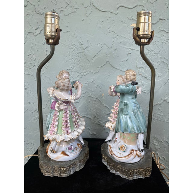 Figurative Vintage Rococo Revival Dancing Couple Porcelain Table Lamps – Set of 2, Betson China, C. 1960s For Sale - Image 3 of 10