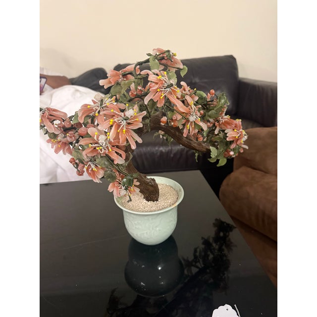 1960s VTG Bonsai Jade Stone Rose Quartz Agate Glass Flower Leaf Tree Celadon Pot 19in For Sale - Image 5 of 7