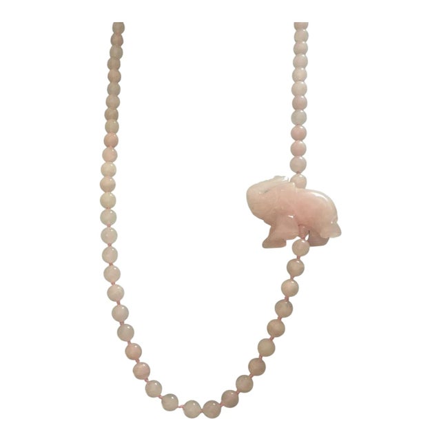 Shabby Chic Long Vintage Rose Quartz Knotted Necklace With Carved Elephant For Sale - Image 3 of 5