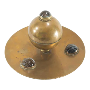 1900's English Arts & Crafts Bronze and Agate Cabochon Inkwell