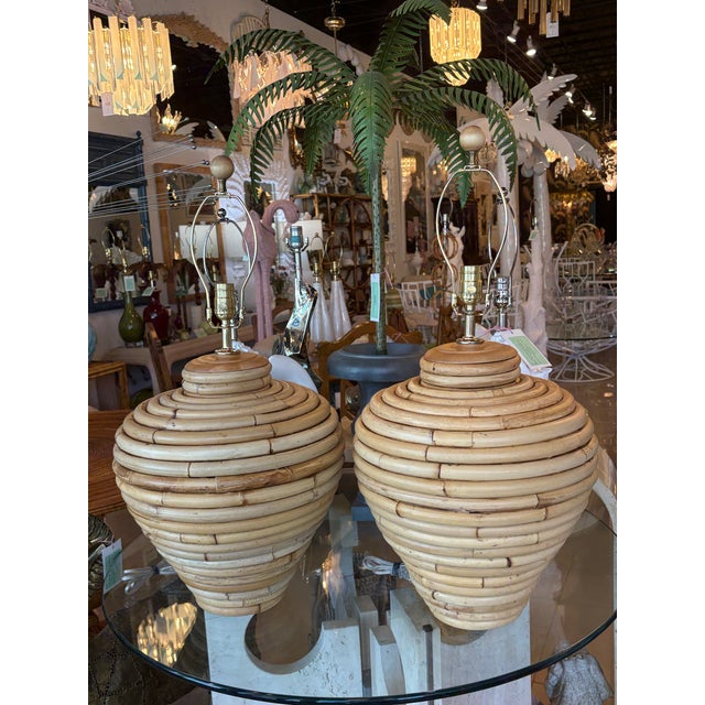 Vintage Palm Beach Coastal Large Rattan Table Lamps Newly Wired - a Pair For Sale - Image 4 of 12