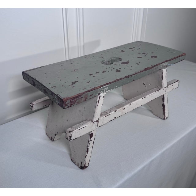 Vintage Scandinavian Folk Art Painted Solid Wood Low Stool, Dove Gray & Off White For Sale In Houston - Image 6 of 12