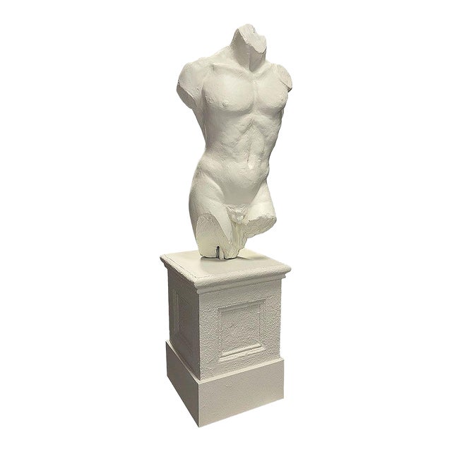 7' Tall Renaissance Style Male Bust Faux Marble Sculpture on Pedestal For Sale