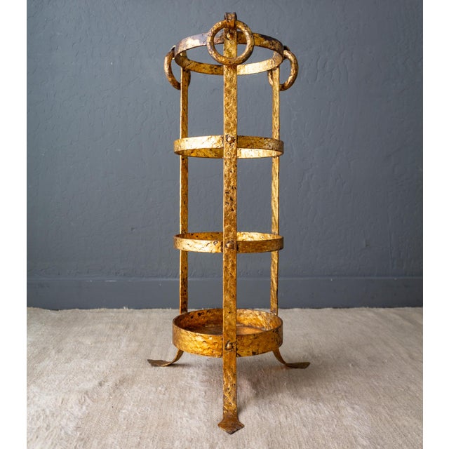 Neoclassical Umbrella Stand of Gilded and Hammered Iron on Footed Base For Sale - Image 9 of 18