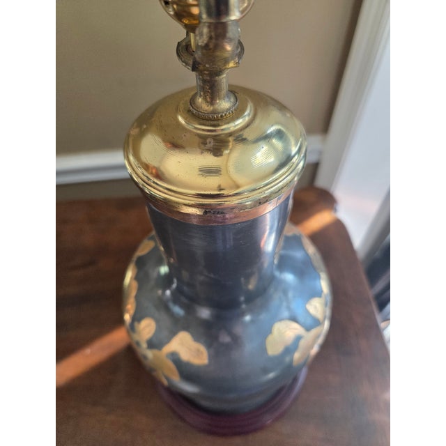 Vintage Pewter & Brass Asian Chinoiserie Jar Lamp For Sale - Image 4 of 11