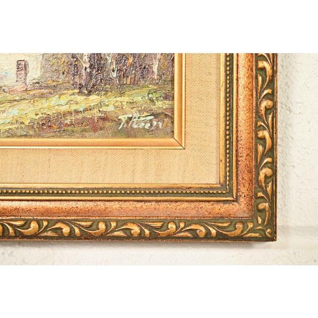 Original Artist Signed Impressionist Rural Landscape Oil on Canvas Painting of Cottage in Carved Giltwood Frame For Sale - Image 10 of 12