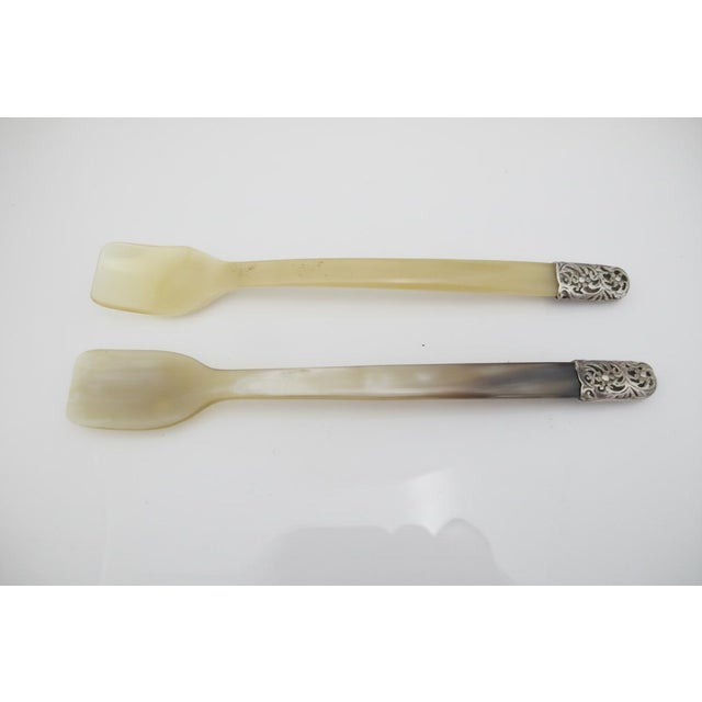 Vintage Natural Horn Sterling Silver Floral Mounted Caviar Serving Shovel Spoon - a Pair For Sale - Image 4 of 8